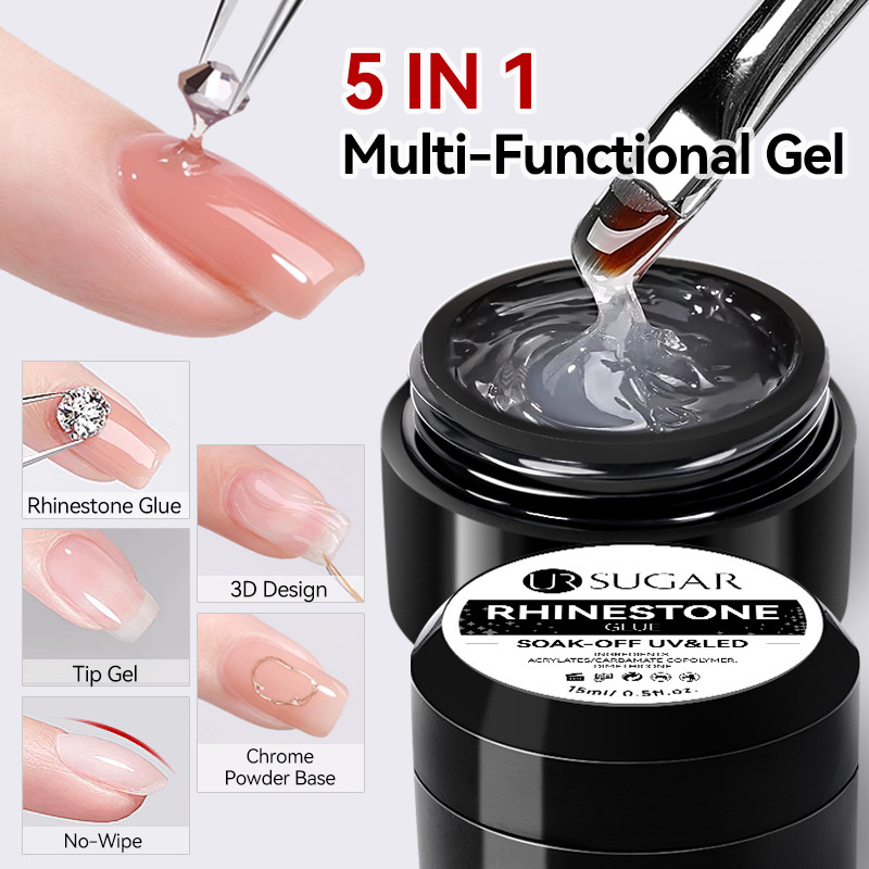 UR SUGAR 15ml เจล Rhinestone ไม่มีเช็ดสําหรับเล็บ, กาวปลายเล็บโฮลแข็งแรง, ผงโครเมียม, เจลแกะสลักและต