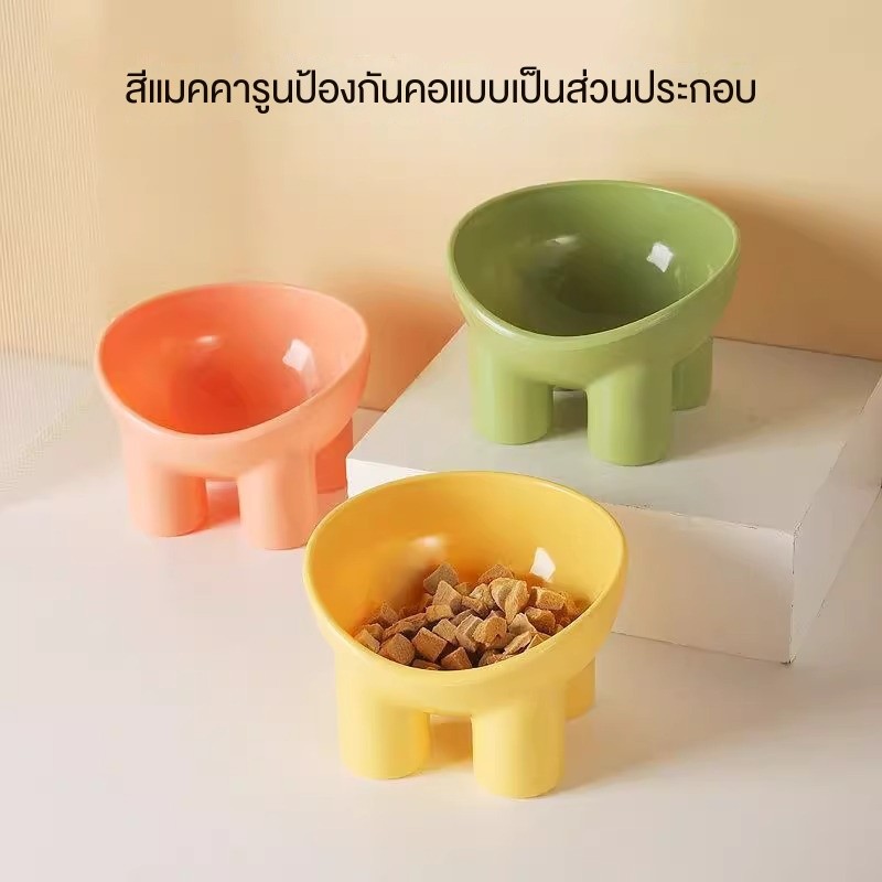 ชามแมวสีมาคารอง ขอบเอียงป้องกันหก ปากโค้งเพื่อถนอมคอ สูง ทนทาน พลาสติกสำหรับอาหารแมว