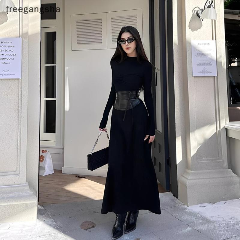 [FREG] ชุดเดรสสีดําสาวร้อนย้อนยุคของผู้หญิงฤดูใบไม้ร่วง O-คอ A-line Fishtail ชุดเดรสยาว FDH