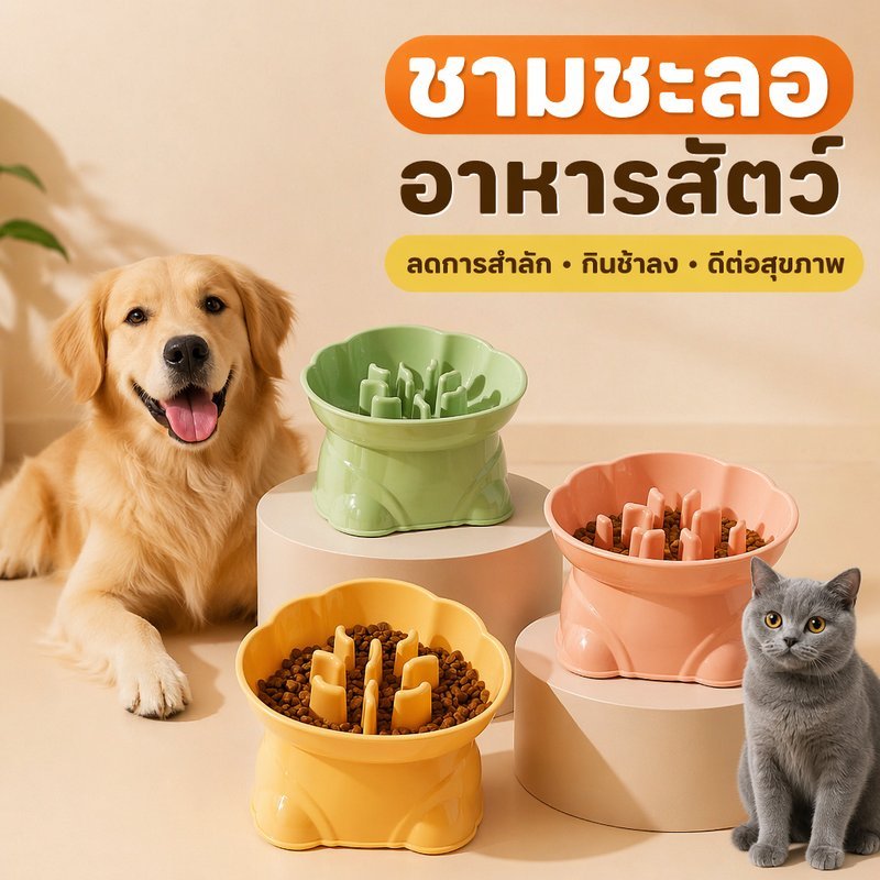 ชามอาหารสัตว์เลี้ยง Slow Feeder ชามแมวยกสูง ป้องกันสำลัก ลดอาเจียน ปรับระดับสองแบบ ฐานกันลื่น