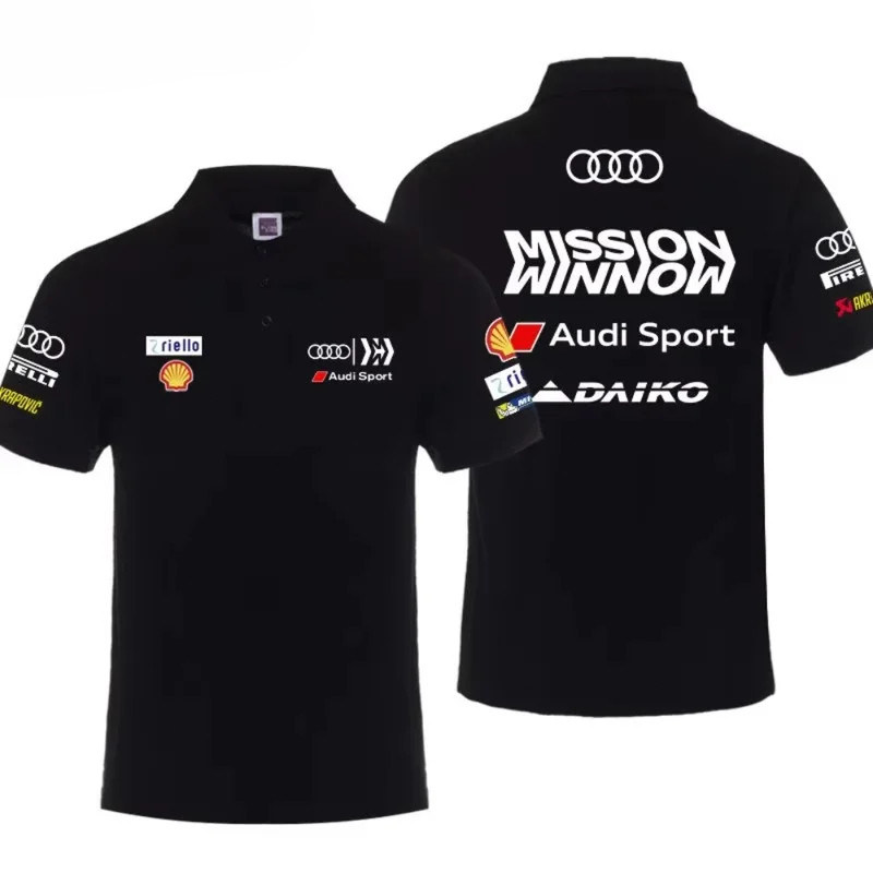 เสื้อโปโลAudi Sport Mission Winnow สีดำลายสปอนเซอร์รถแข่งหน้าหลัง เสื้อทีมซูเปอร์คาร์ผู้ชาย