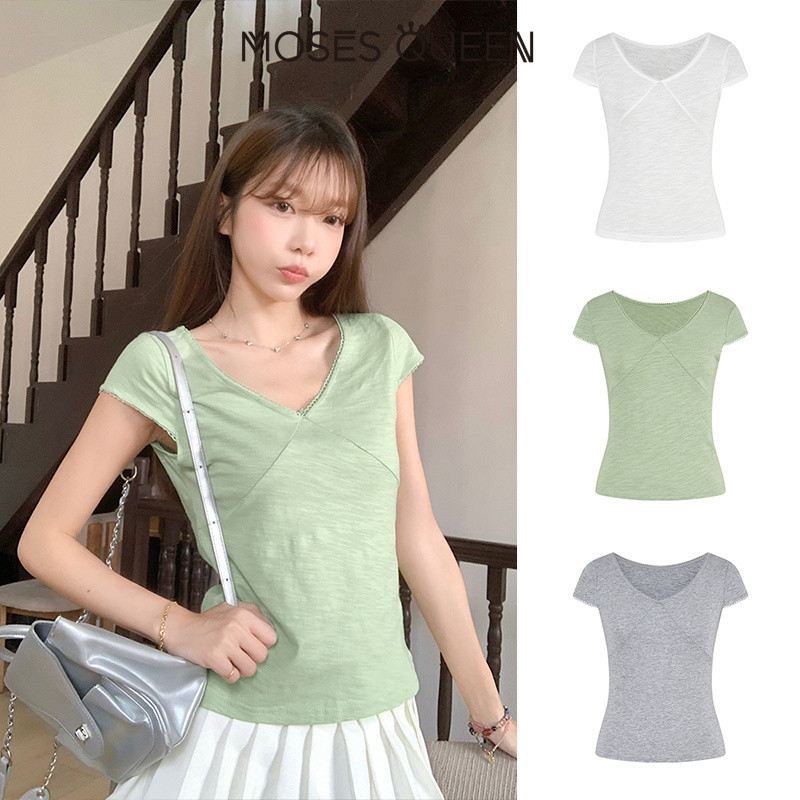MOSESQUEEN เสื้อยืดผ้าฝ้ายแขนสั้นคอวีลูกไม้สีเขียวสําหรับผู้หญิง - เสื้อเชิ้ตผ้าฝ้ายแท้สไตล์ดีไซน์ฤดูร้อน #63887
