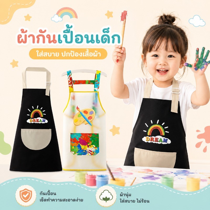 ชุดเชฟเด็ก ผ้ากันเปื้อนเด็กพร้อมหมวก Apron กันน้ำ ระบายอากาศดี สายปรับได้ สำหรับเด็กทำอาหาร วาดรูป