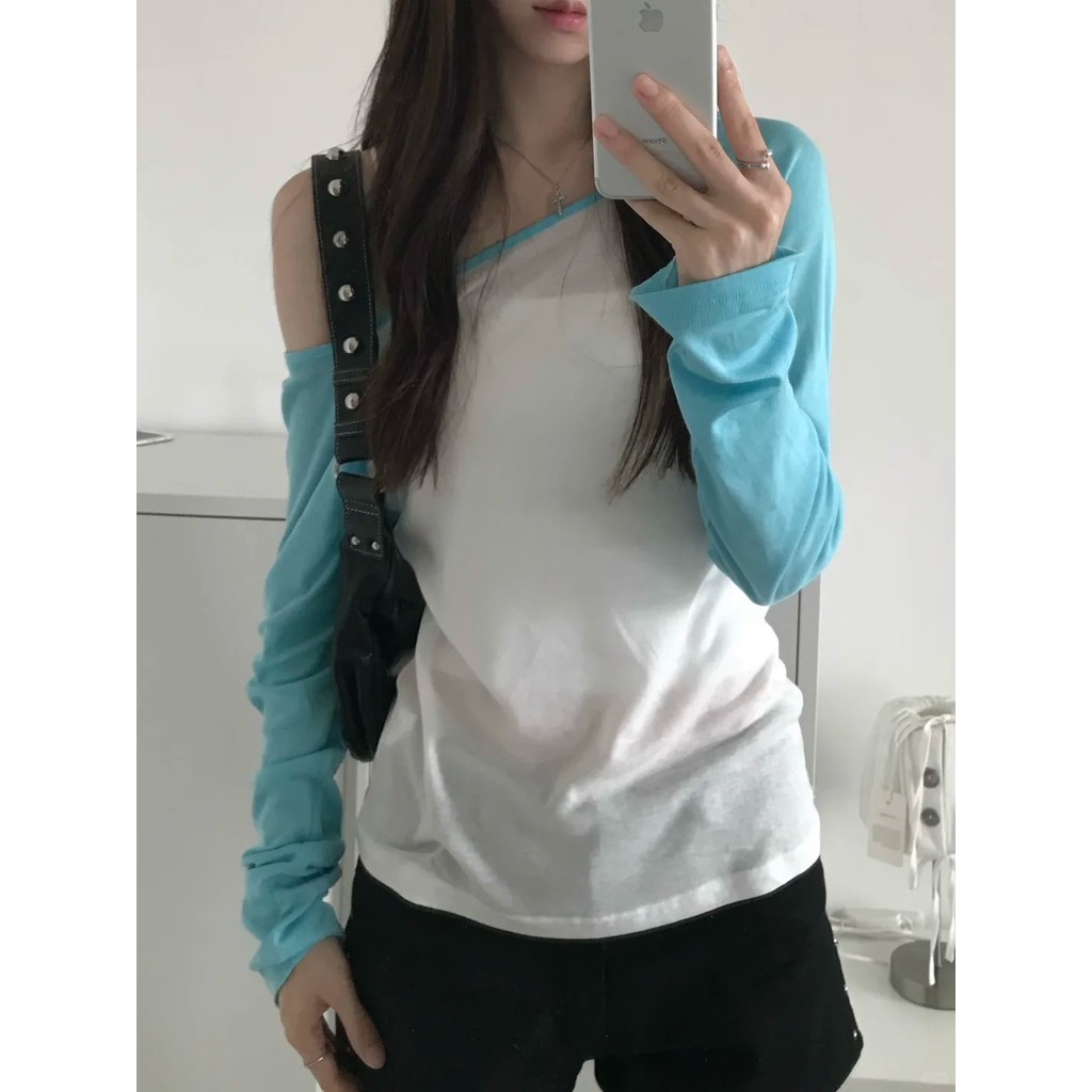 เกาหลี Sheer Cover Up Patchwork สีบล็อกบางป้องกันแสงแดดแขนยาวเสื้อยืดผู้หญิง Slim Fit ปิดไหล่แฟชั่นอเนกประสงค์ Casual Top