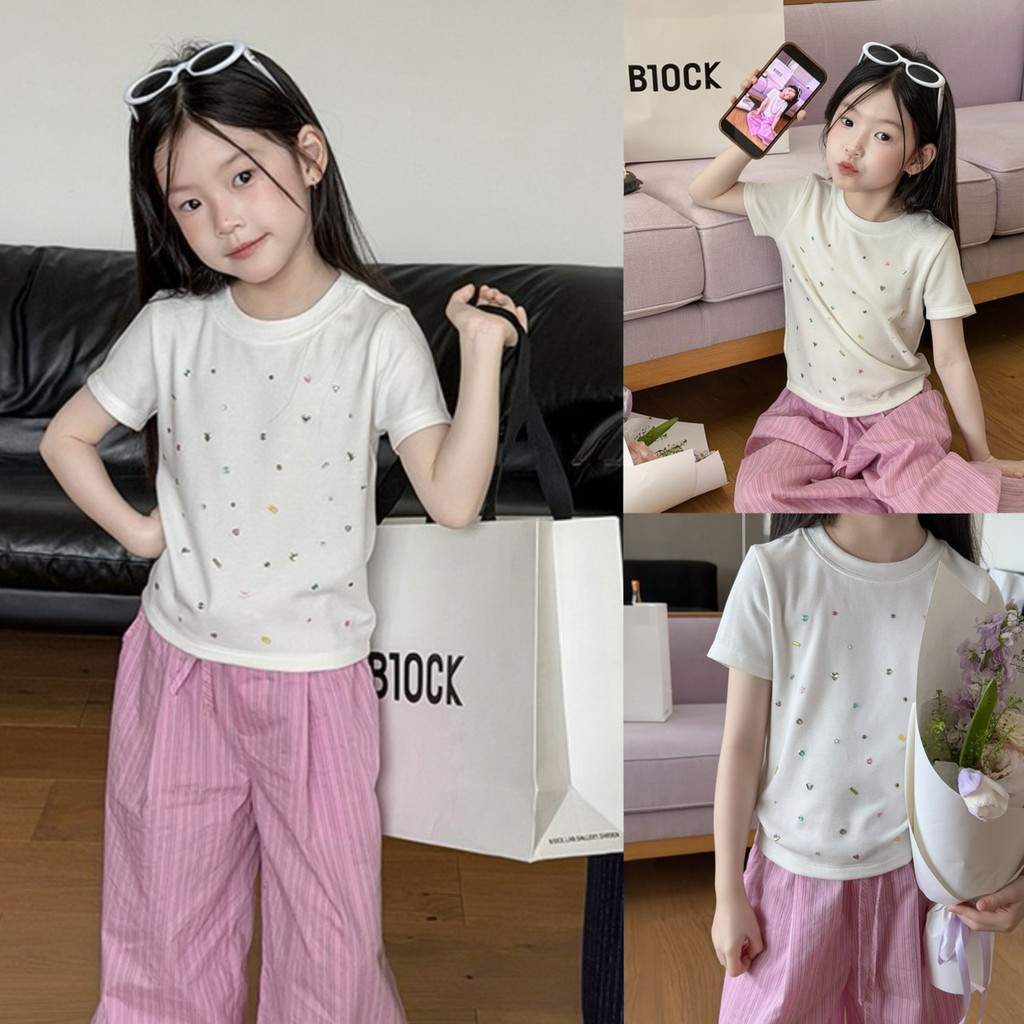 PRETTY BABY เสื้อยืดเด็ก เสื้อยืดคอกลม ติดอะไหล่ หัวใจ ดาว แฟชั่นเด็ก(2301)