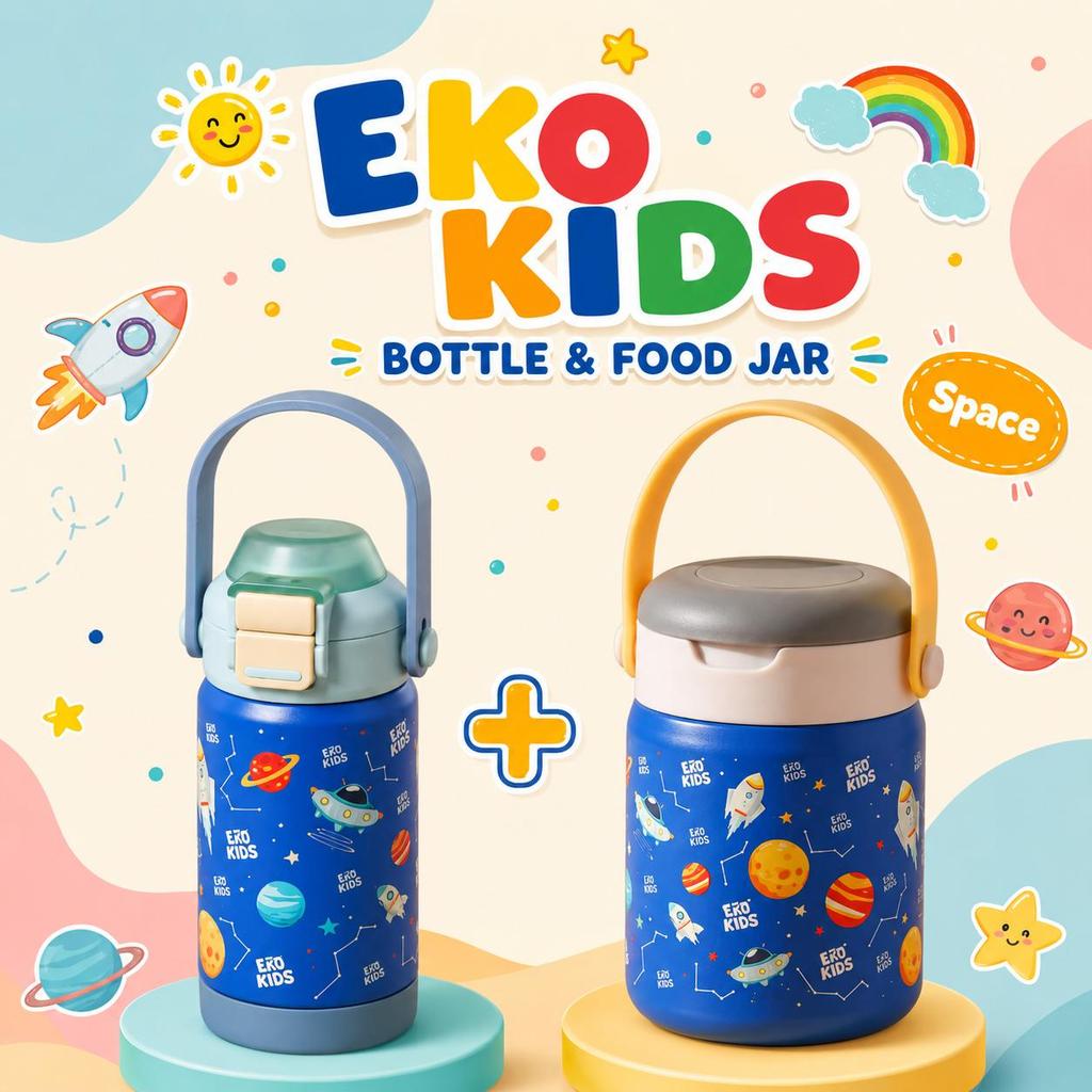 (แพ็คคู่) EKOKIDS ขวดน้ำสแตนเลส 304 เคลือบเซรามิก จับคู่กับ กระปุกใส่อาหารสแตนเลส 304 เก็บอุณหภูมิ ล