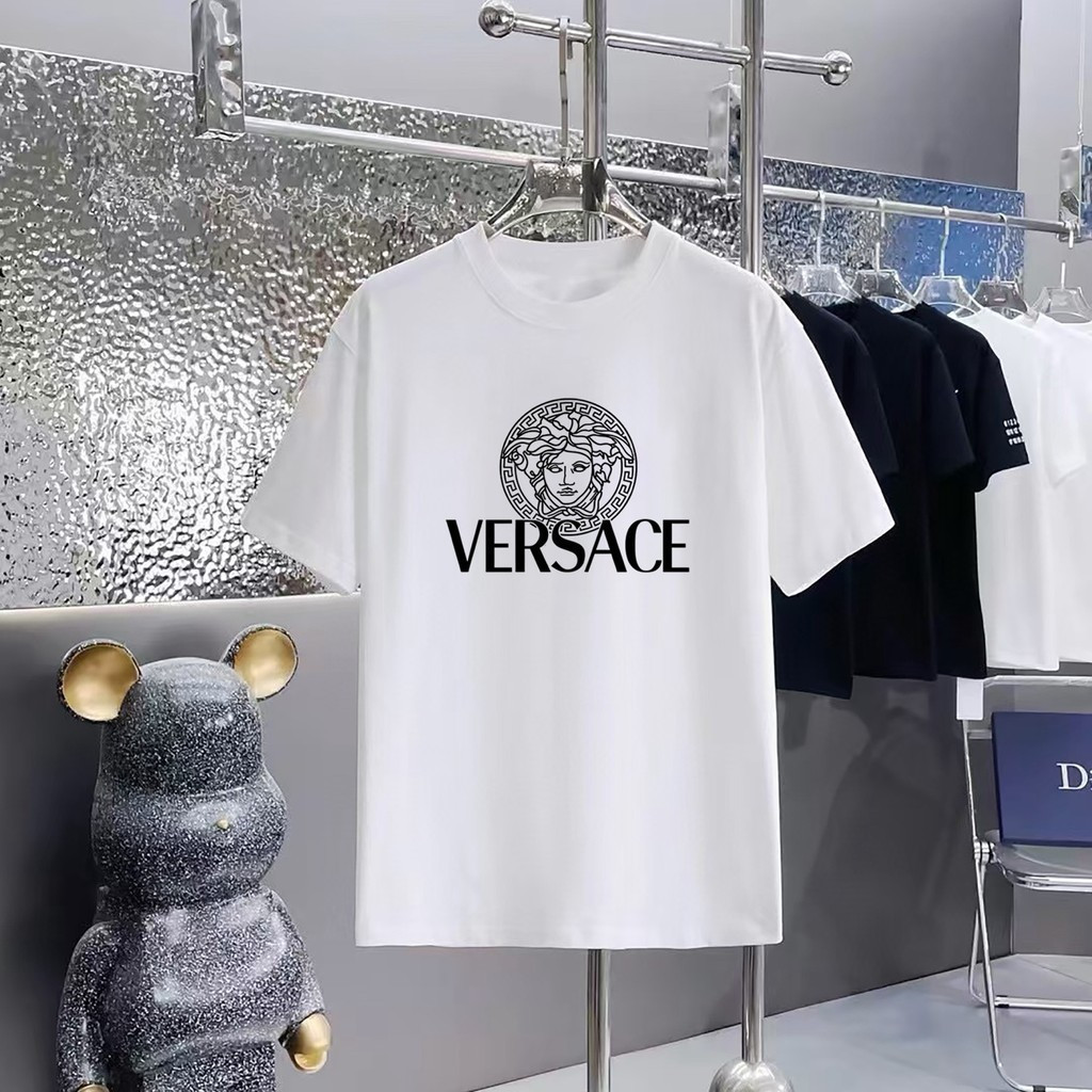 Versace/Versace 2026 คลาสสิกรอบคอแขนสั้นเสื้อยืดผู้ชายผู้หญิงสไตล์รอบคอ Slim-fit ด้านใน Match สีทึบห