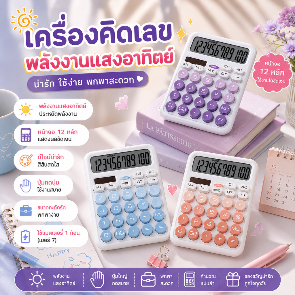 เครื่องคิดเลขพลังงานแสงอาทิตย์ 12 หลัก ปุ่มกลมขนาดใหญ่ สีพาสเทลน่ารัก หน้าจอชัด ใช้งานง่าย สำหรับนักเรียนและสำนักงาน
