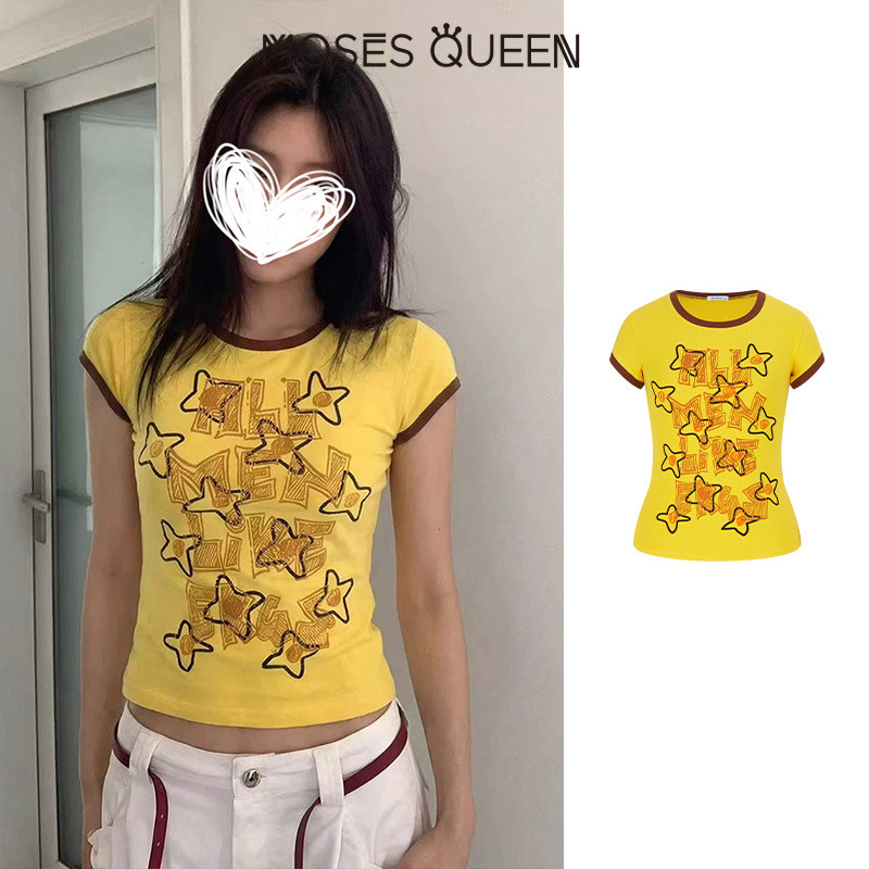MOSESQUEEN เสื้อยืดแขนสั้นลายโดปามีนกราฟฟิตีดีไซน์สไตล์อเมริกันพร้อมเอฟเฟกต์สลิมมิ่งสไตล์ลําลองและอเนกประสงค์ที่เข้ากันกับสีใหม่ #63793