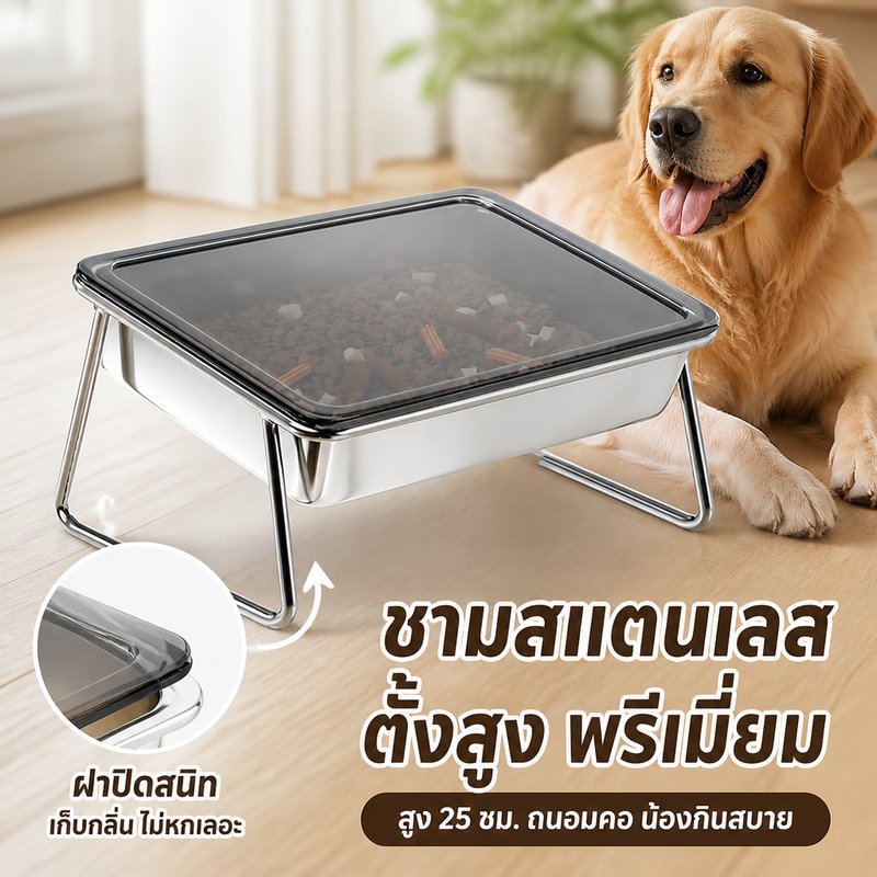 ชามอาหารสุนัขแมว สแตนเลส มีฝาปิด เพิ่มความสูง ปากชามเอียง กันมด ทำความสะอาดง่าย