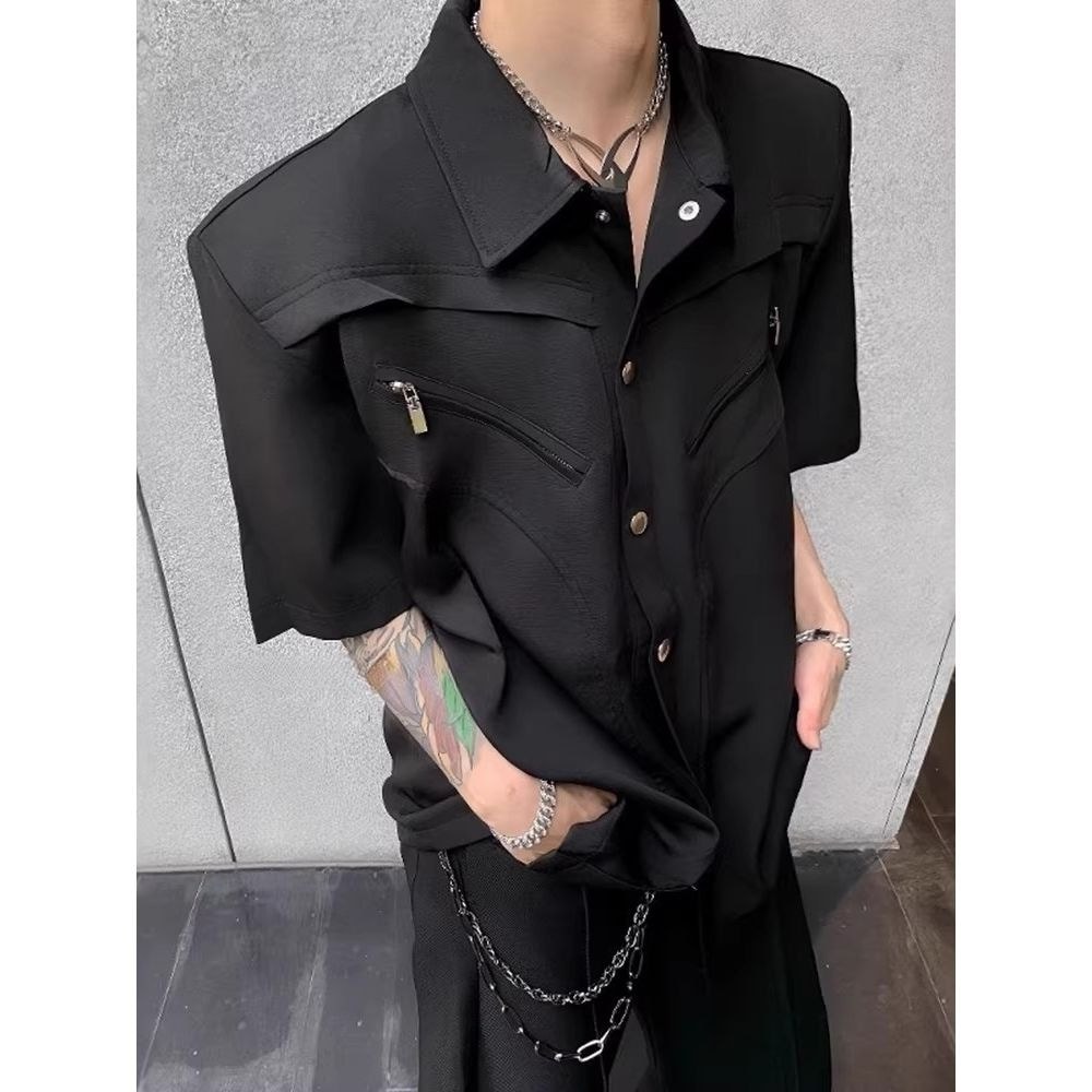 คลีนฟิต แผ่นรองไหล่สีดําเสื้อแขนสั้นผู้ชายรุ่นสวมใส่#cleanfit黑色垫肩短袖衬衫男模穿搭
