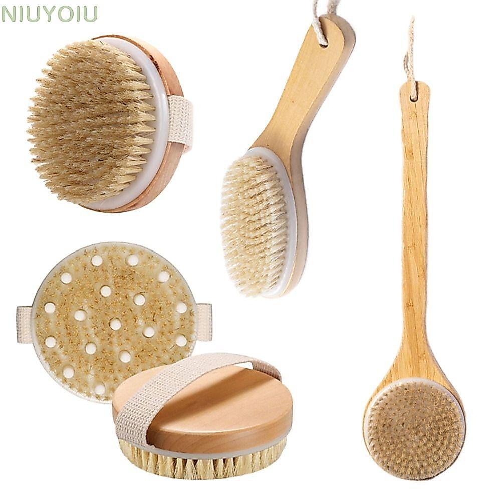 NIUYOIU Body Brush, แปรงแต่งหน้าขนนุ่มหมูป่า, แปรงนวดธรรมชาติไม้แบบพกพาสําหรับขัดผิว