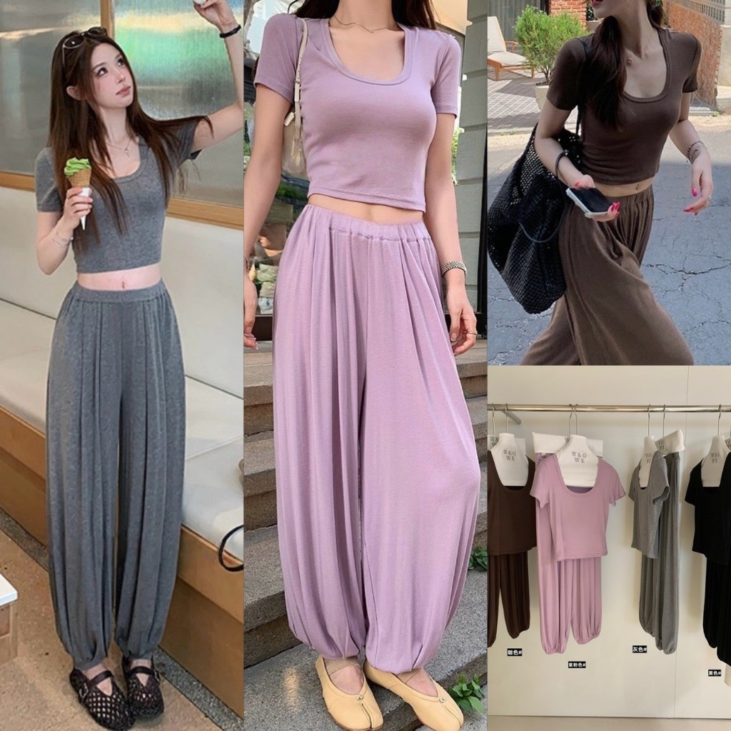 W10195 ชุดเซ็ต 2 ชิ้น เสื้อยืดเข้ารูป + กางเกงฮาเร็ม/จั๊มปลาย (Harem Pants Set) แฟชั่นเกาหลี TAG WG.WE