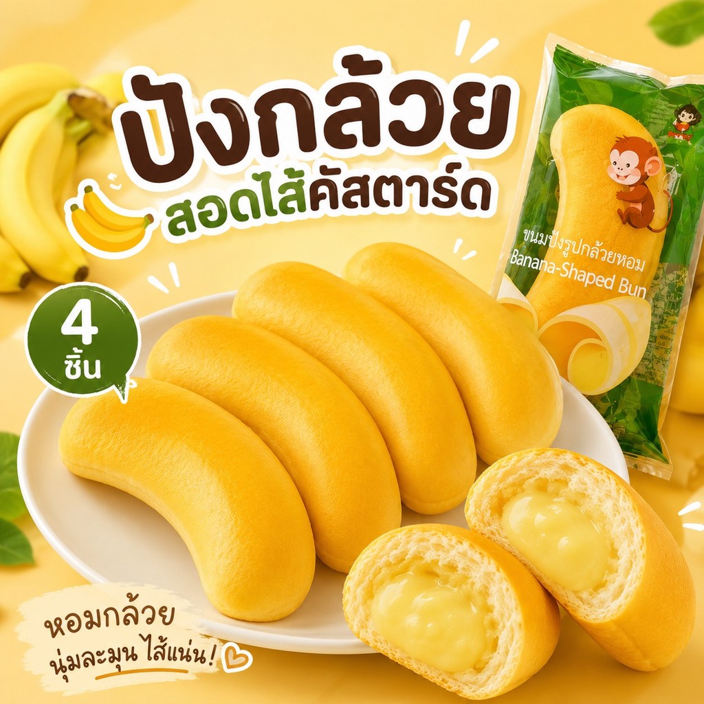 ปังกล้วยสอดไส้คัสตาร์ด (เซ็ท4ชิ้น) 60g.*4p.