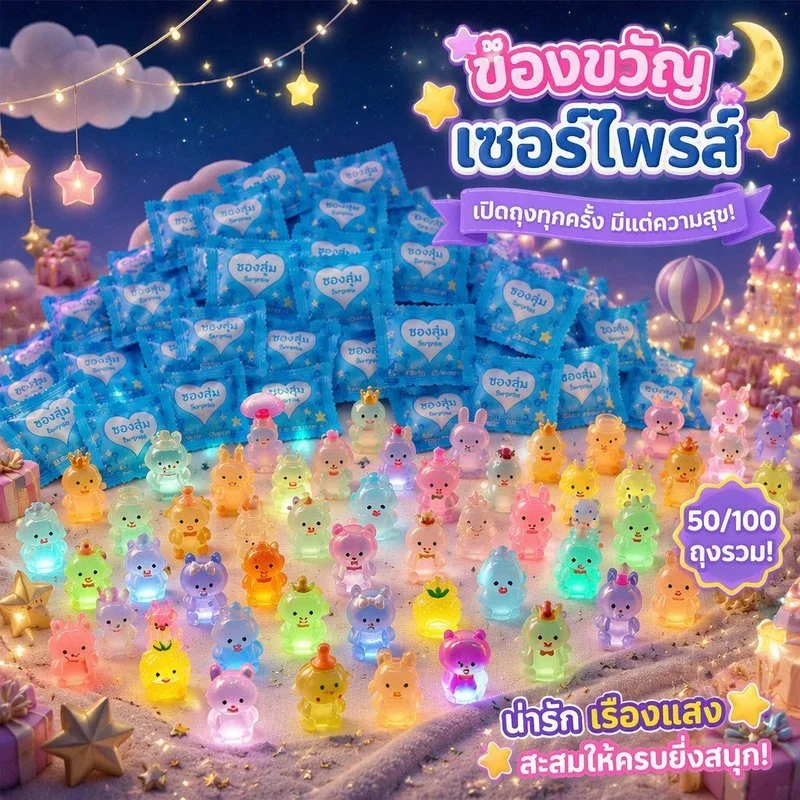 ของเล่นถุงสุ่ม กล่องสุ่มสัตว์การ์ตูนเรืองแสง ฟิกเกอร์เรซินจิ๋ว คละแบบ แพ็คแยก 50/100 ชิ้น