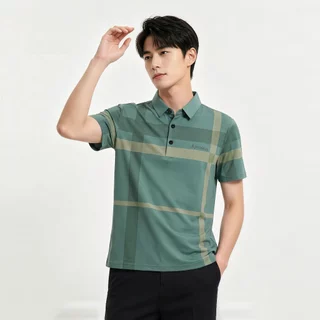 Chaistyle ผู้ชายเสื้อโปโล ระบายอากาศได้ดี ความรู้สึกเย็น คอพับ แขนสั้น ชุดคุณพ่อวัยกลางคน ลวดลายตัวอักษรเพชร หลวม