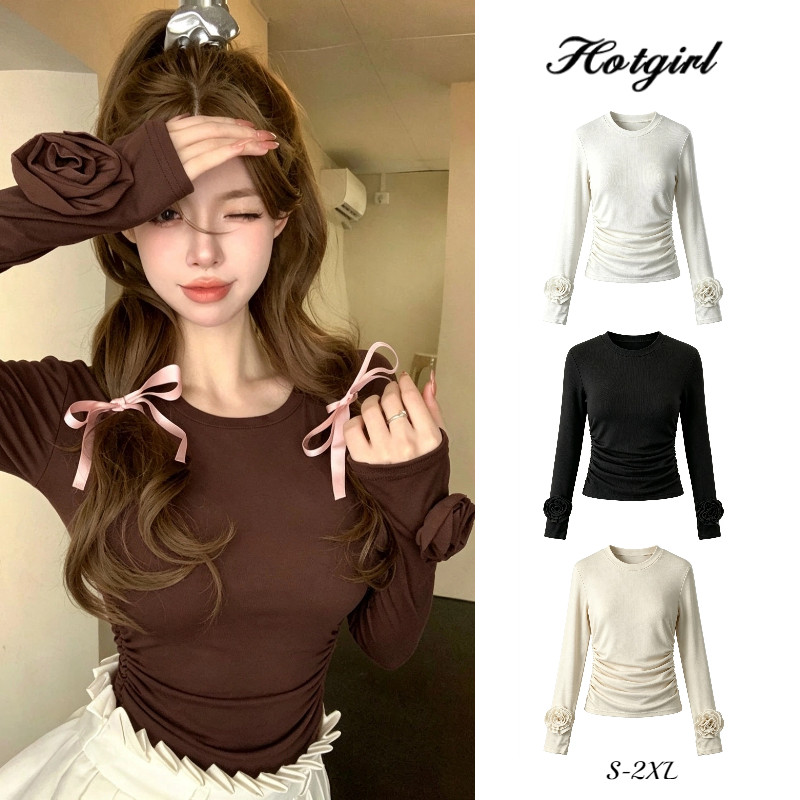 Hotgirl พร้อมส่ง เสื้อยืดแขนยาวคอกลมสำหรับผู้หญิง เสื้อยืดเข้ารูปS-2XL สีพื้น ปลายแขนประดับดอกไม้สามมิติ หวานและเซ็กซี่