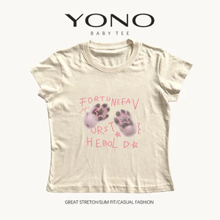 (พร้อมส่ง24ชม.) YONO baby tee สีชมพู ลายอุ้งเท้าสีเทากับดาว ทรงเข้ารูป สไตล์เกาหลี y2k