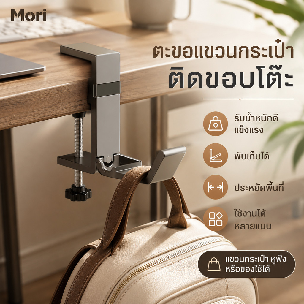 Mori ตะขอหนีบขอบโต๊ะ รุ่นพับได้และคงที่ ปรับระยะได้ ติดแน่นไม่ทำลายโต๊ะ ใช้แขวนหูฟัง กระเป๋า ขวดน้ำ และอุปกรณ์ COD