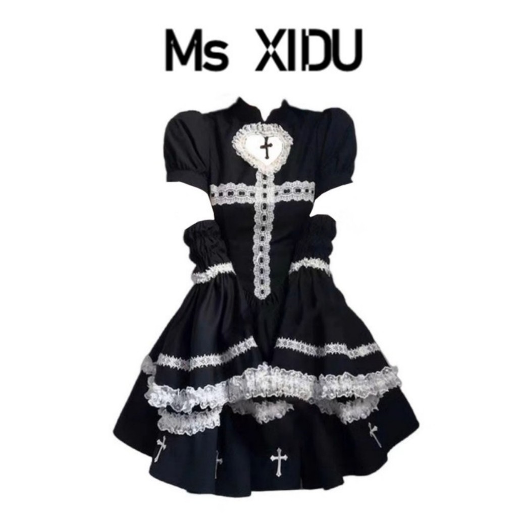 Ms XIDU Spice Berry Asian Culture lolita Contrast Color Cross Dress Fluffy Little Black Dress ชุดฮาโ