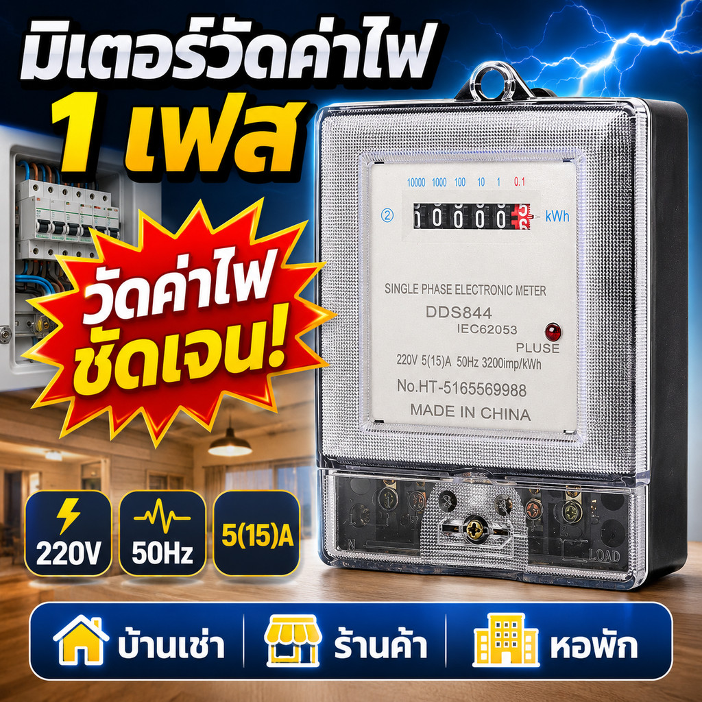 มิเตอร์ไฟ 1เฟส 220V 5(15)A DDS844 เครื่องวัดค่าไฟ kWh 3200imp/kWh อ่านตัวเลขชัด ใช้กับบ้าน ร้าน หอพัก คุมไฟง่าย ฝาครอบใส