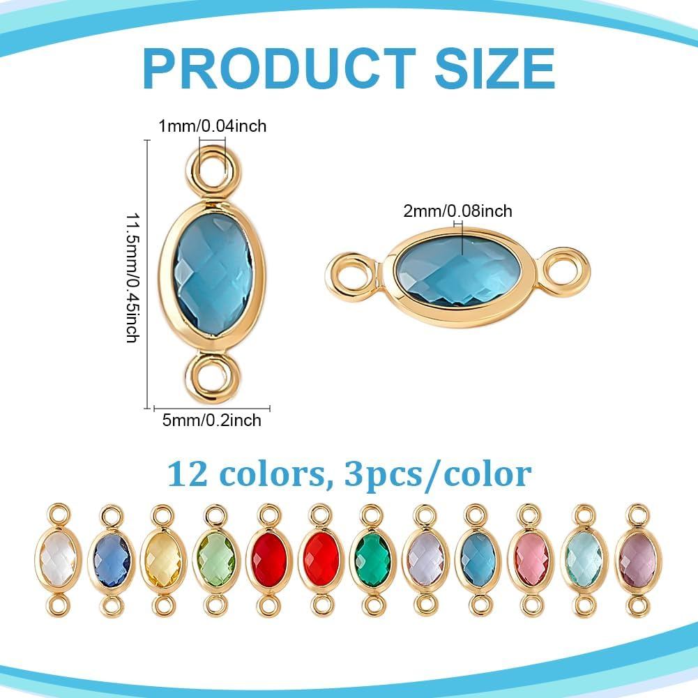 PH PandaHall 36pcs Rhinestone Connector Charms Birthstone Connector Links, 12 สีแก้ว Faceted Double 