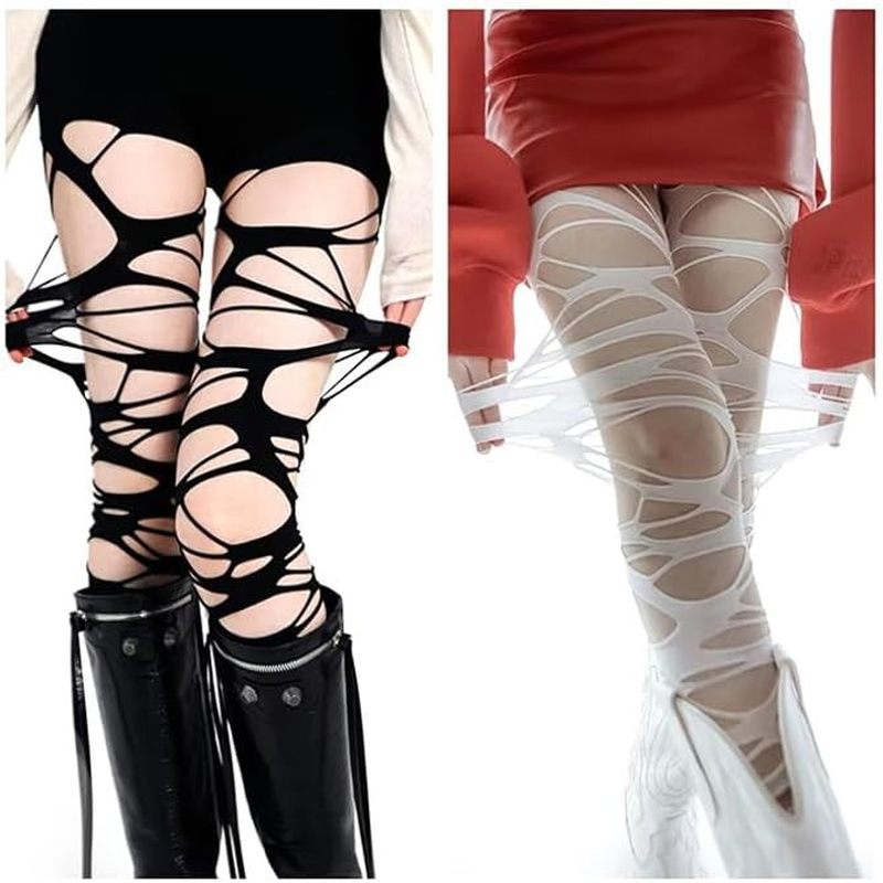 ผู้หญิง Ripped Tights Gothic Punk Perfoed Stocking Y2k Ragged Pantyhose Hosiery ถุงน่องสุทธิสําหรับผ