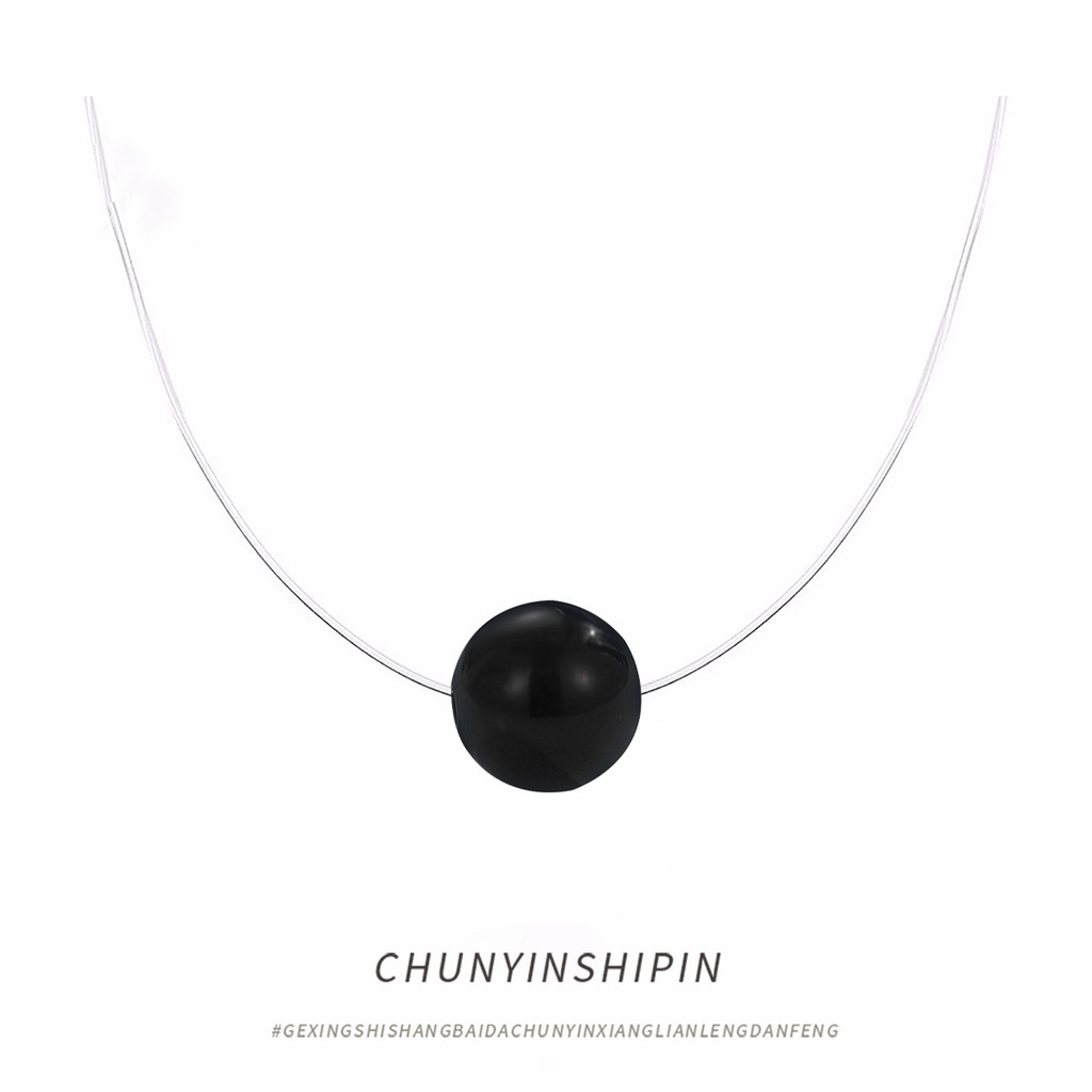 S925 เงินสเตอร์ลิงสีดํา Agate โปร่งใสสายตกปลาสร้อยคอ Classy เครื่องประดับ All-Match ที่มองไม่เห็น Cl