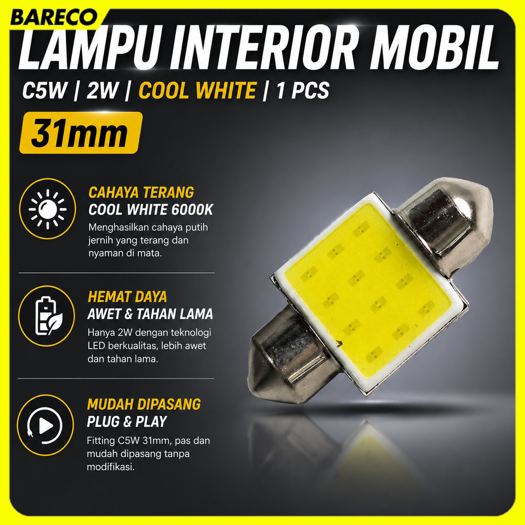 ไฟภายในรถ C5W COB แผ่น LED Dome Light Cool White 2W 1 ชิ้น - BA9S