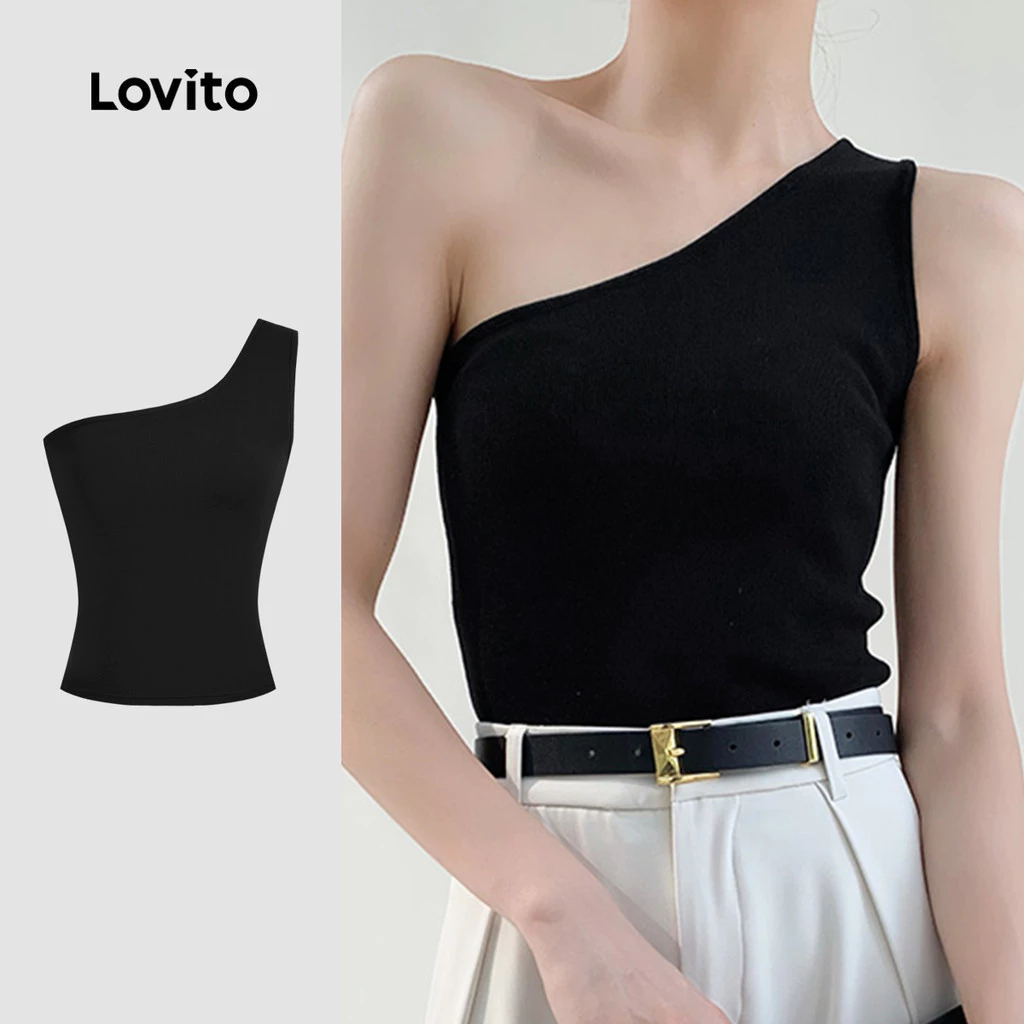 Lovito เสื้อแคชชวลทรงหลวม คอคล้องคอแบบไม่มีดีไซน์ สำหรับผู้หญิง เกาหลี อินเทรนด์ L125AD127