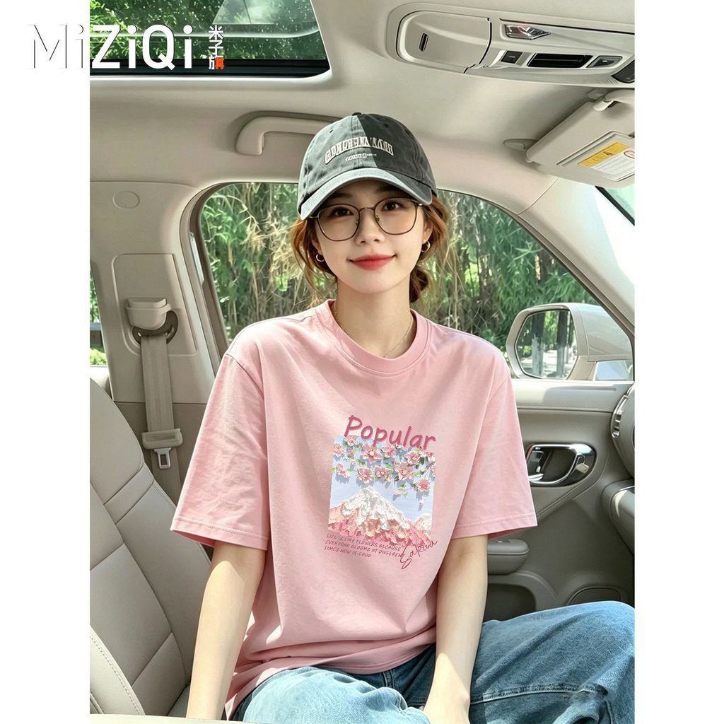 Miziqi สวยสีชมพู Cherry Blossom พิมพ์ MMt เสื้อผู้หญิงฤดูร้อนสไตล์ใหม่ผ้าฝ้ายแท้หลวมรอบคอด้านบน
