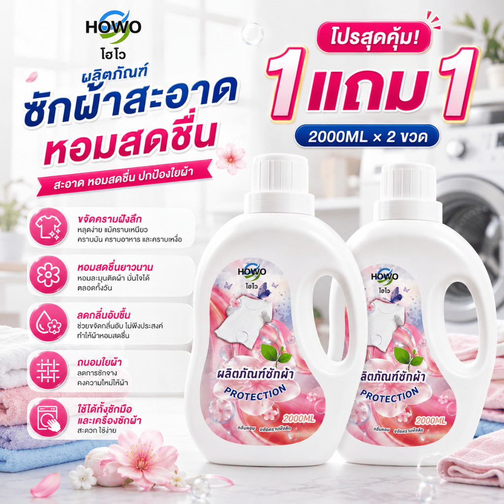 โปรสุดคุ้ม 1 แถม 1 น้ำยาซักผ้า HOWO 2 ลิตร หอมสดชื่น ขจัดคราบฝังลึก ลดกลิ่นอับชื้น ซักมือและเครื่องซักผ้า