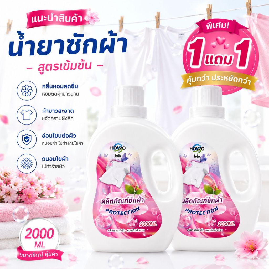 HOWO น้ำยาซักผ้า 2000ml x2 (1 แถม 1) สูตรเข้มข้น หอมสดชื่น ขจัดคราบ ลดกลิ่นอับ ผ้านุ่ม ซักเครื่องได้