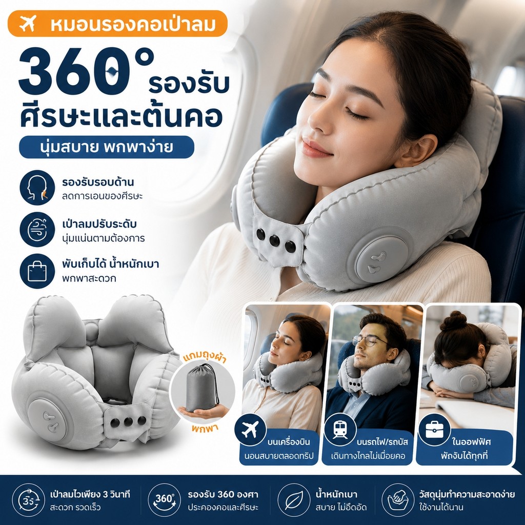 หมอนรองคอเป่าลม 360 องศา รองรับศีรษะและคอ นุ่มสบาย พกพาง่าย เหมาะสำหรับเดินทาง เครื่องบิน รถยนต์