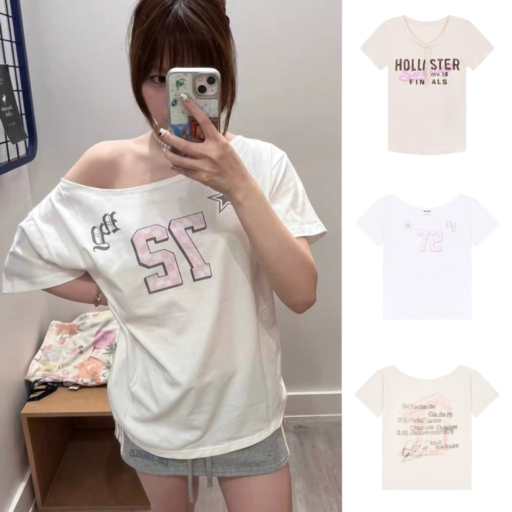 Hollister เสื้อยืดสั้นแขนทรงหลวม พิมพ์ลายตัวอักษร สไตล์อเมริกัน ดีไซน์ไหล่ลาด ผู้หญิง ฤดูร้อน
