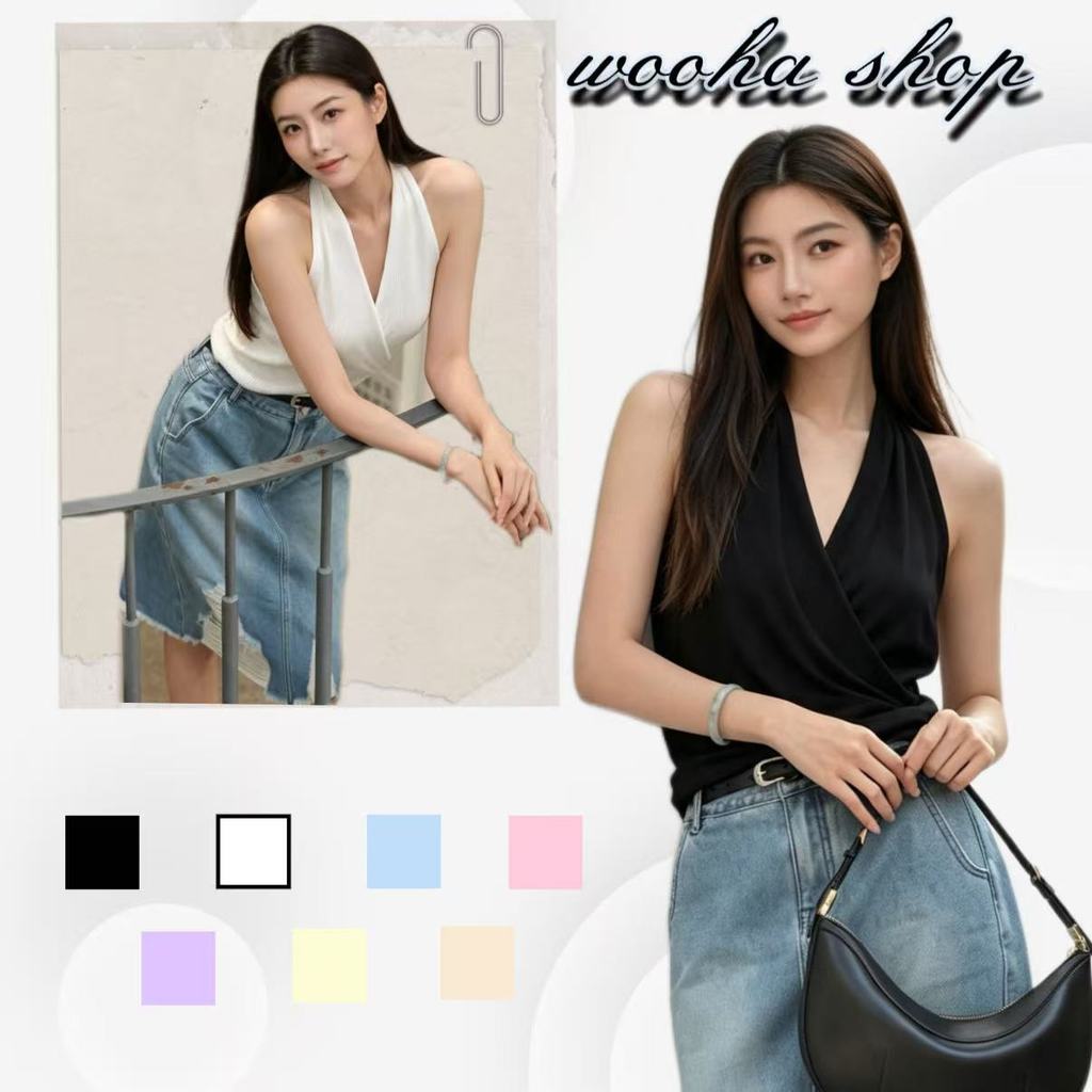 🥰wooha shop🥝เสื้อกั๊กไหมพรมคอวีแบบผูกคอสไตล์เกาหลีสุดเซ็กซี่ ดีไซน์คอเต่า สไตล์ใหม่รับซัมเมอร์