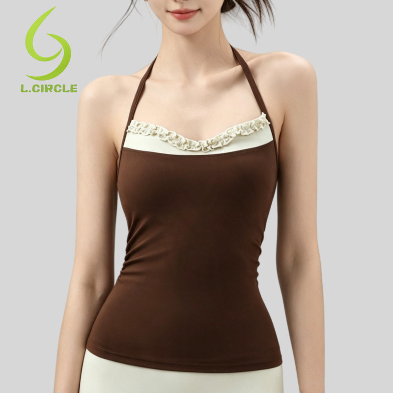 L.CIRCLE Yoga Sport Bra Fixed Pad Halter Lacework Two Fake Items