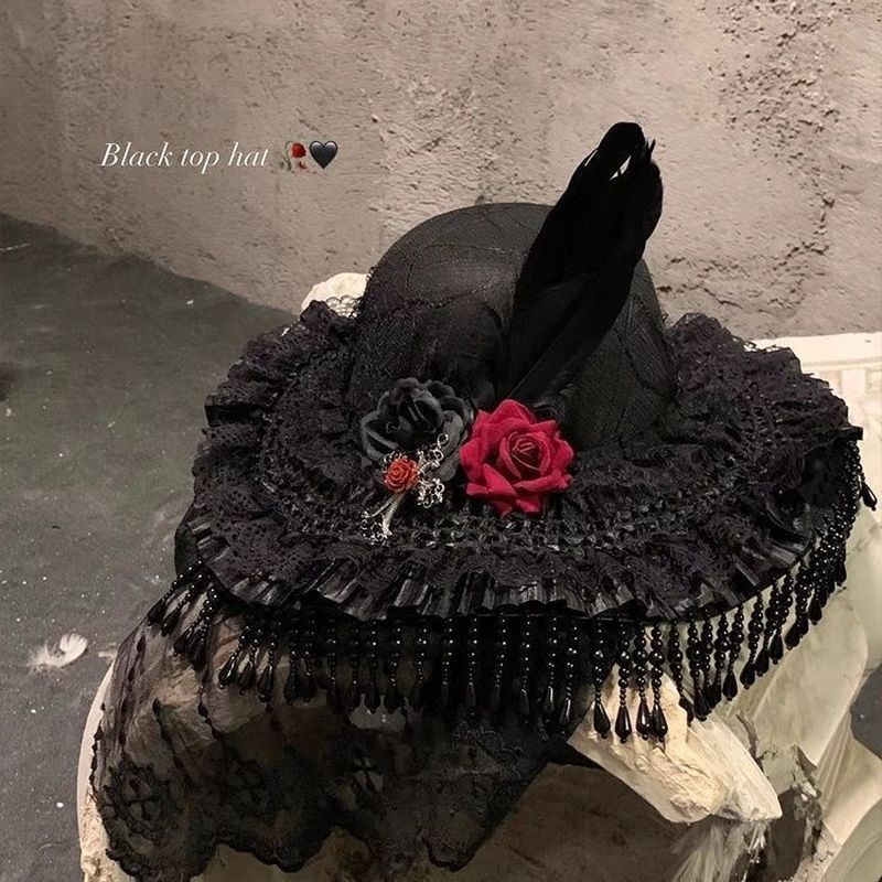 Black Widow Gothic Hat Halloween-Black Witch Hand-Made Lolita Lolita Big Brim 3 วัน ±Hair