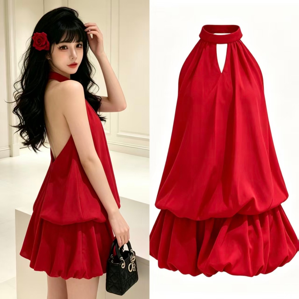HEMO Lux Dress เดรสสายคอปกสีแดงสด ผ้าเรียบเนียน ทรงพองสองชั้น ดูผอมมาก ใส่ไปปาร์ตี้ เที่ยวคาเฟ่ 2060