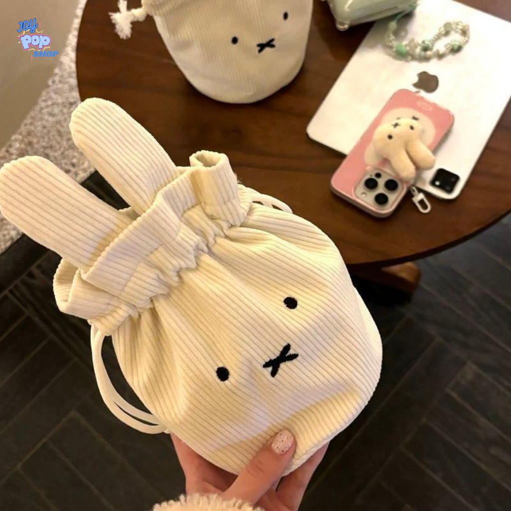 น่ารัก Miffy Bunny Drawstring กระเป๋า Mini Corduroy แต่งหน้ามัลติฟังก์ชั่ Drawstring กระเป๋าเครื่องส
