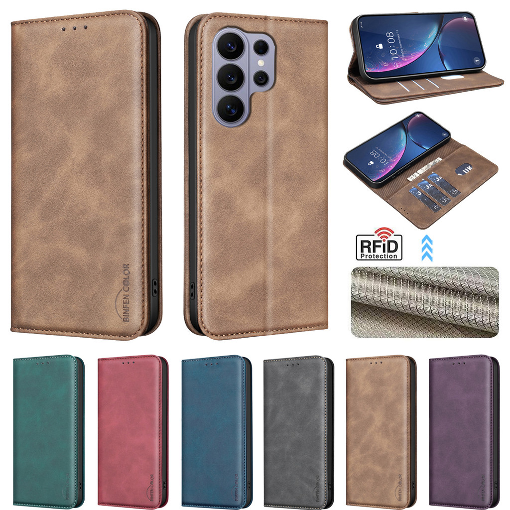 เหมาะสําหรับ Samsung S26 Ultra S25 Edge S24 Plus S23 FE Vintage Cow Texture RFID Anti-theft Magnetic Flip Leather Case กระเป๋าสตางค์ฝาครอบโทรศัพท์