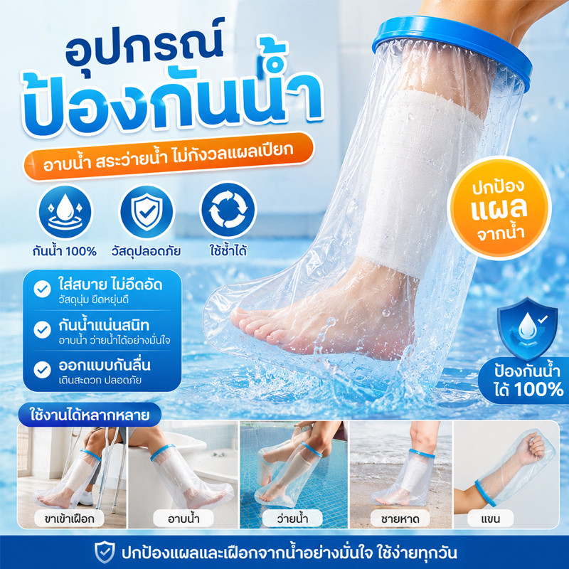 ถุงคลุมเฝือกกันน้ำ กันน้ำ ปิดสนิท ใช้ตอนอาบน้ำได้ สวมใส่สบาย ข้อเท้า/น่อง/เข่า/ต้นขา