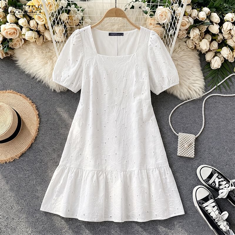 ZANZEA ผู้หญิงวันหยุดเกาหลี Vibes สแควร์คอพัฟแขน Hollow Lace Ruffles Hem A-Line Dresses — صورة 4