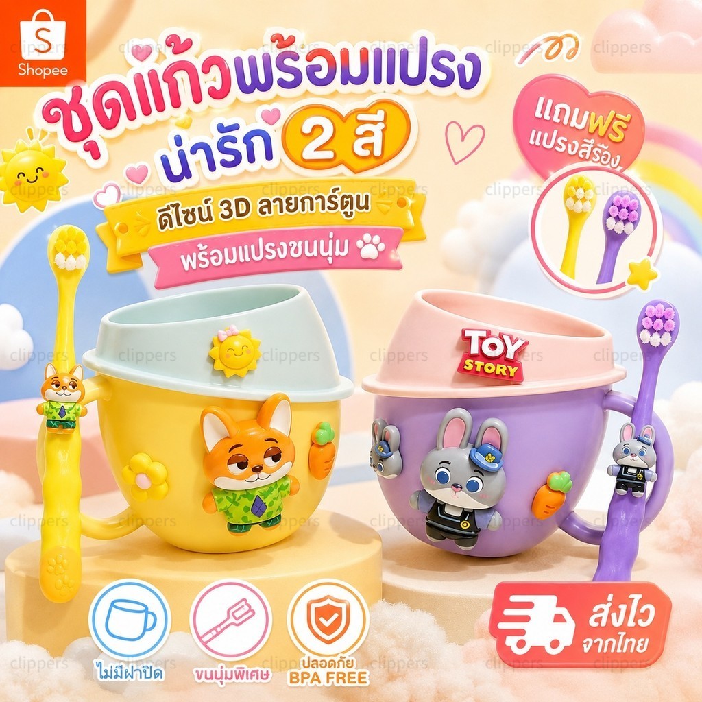 ส่งไว แก้วแปรงสีฟันเด็ก ลายการ์ตูน 3D น่ารัก PP Food Grade ปลอด BPA จับถนัดมือ ใช้แปรงฟันทุกวัน สำหรับเด็ก