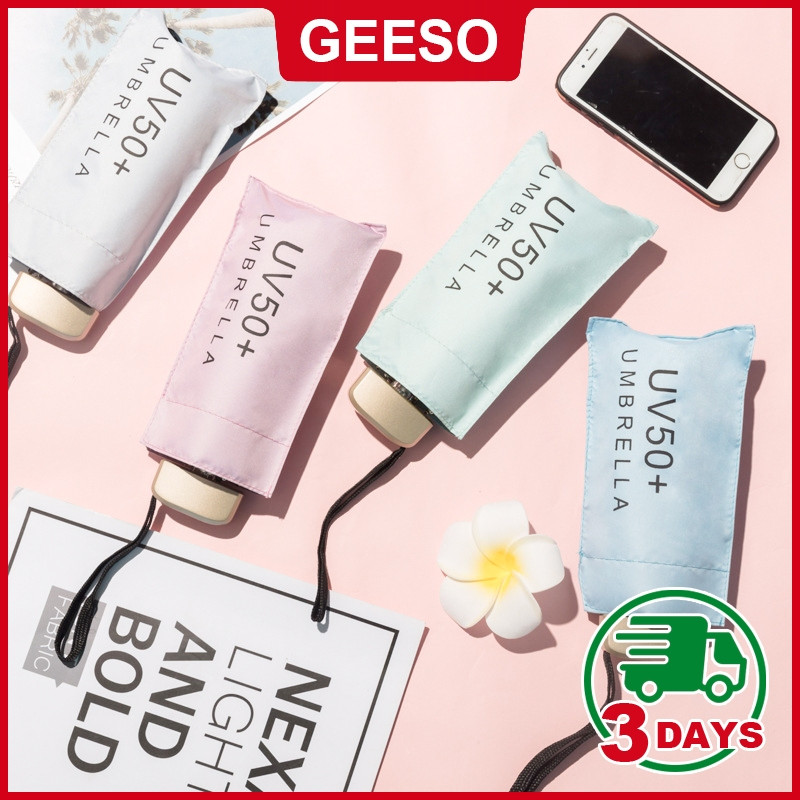 GEESO ร่มกันแดดร่มกันแดดขนาดเล็ก ร่มพับแบน 5 ตอน เคลือบสีดํา ป้องกันรังสี UV พกพาสะดวก