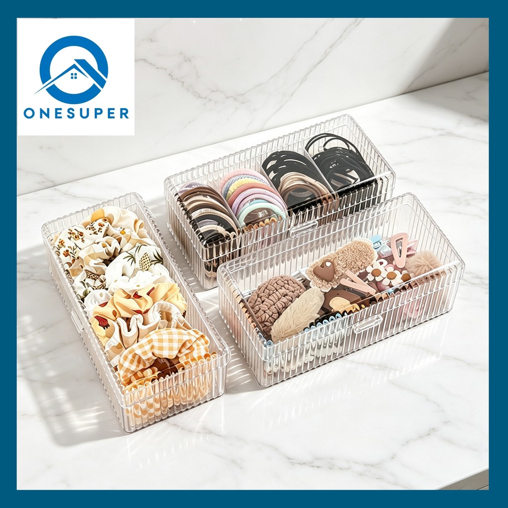 Onesuper กล่องเก็บของอเนกประสงค์แบบใส ใช้วางเครื่องประดับ ยางรัดผม กิ๊บ และของใช้บนโต๊ะเครื่องแป้ง