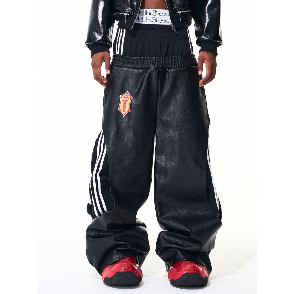 American High Street Double-Waist Wide-Leg Leather Pants Men New Casual Leather Pants Women