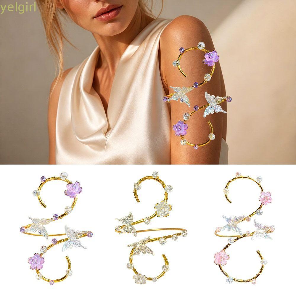 YELGIMY Upper Arm Band, Butterfly Flower Crystal Bead Arm Cuff Bracelet, Adjustable Open Bracelet Wo