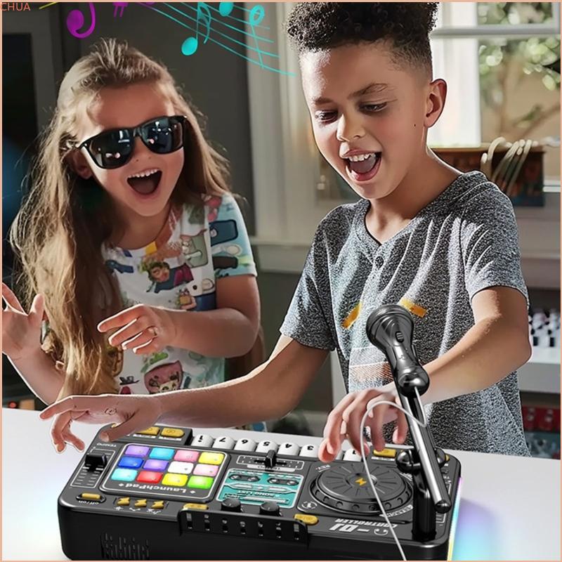 Chua เด็กชาร์จ DJ Mixer พร้อมไมโครโฟนคาราโอเกะเพลงมัลติฟังก์ชั่นการสร้างของเล่นสําหรับ Aspirings DJs