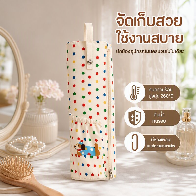 กระเป๋าใส่เครื่องม้วนผม ทนความร้อน กันน้ำ กันรอย มีห่วงแขวน ช่องแยกสายไฟ พกพา